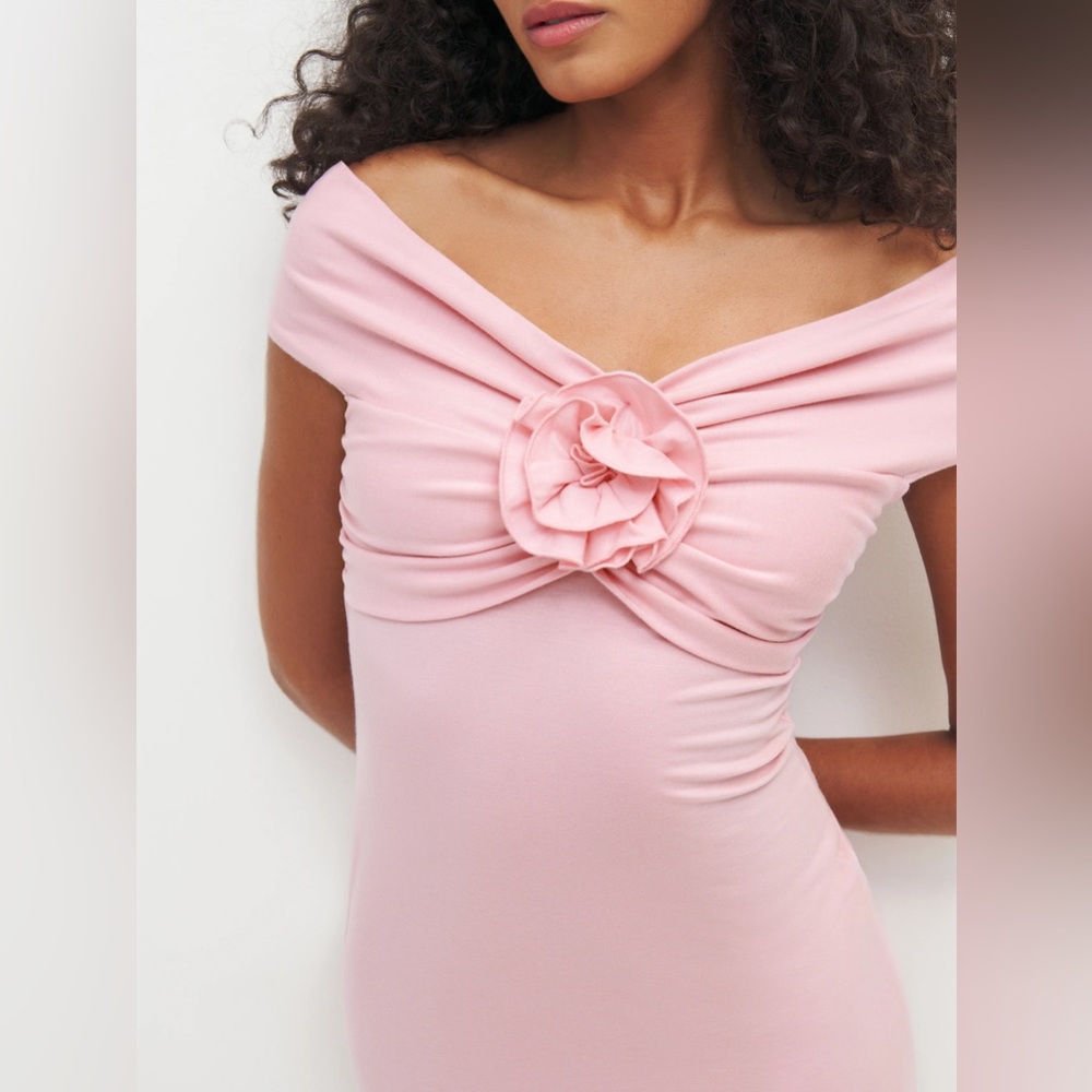 Reformation Fiorello Knit S pink baby girl rosette off the shoulder dress